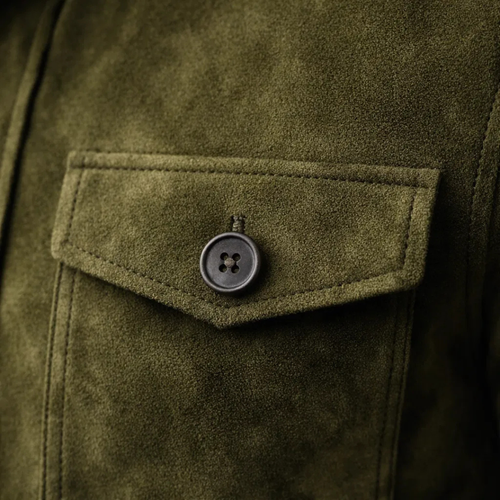 Men's Olive Green Suede Button-Up Jacket – Stylish Casual Outerwear