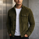 Men's Olive Green Suede Button-Up Jacket – Stylish Casual Outerwear