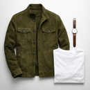 Men's Olive Green Suede Button-Up Jacket – Stylish Casual Outerwear