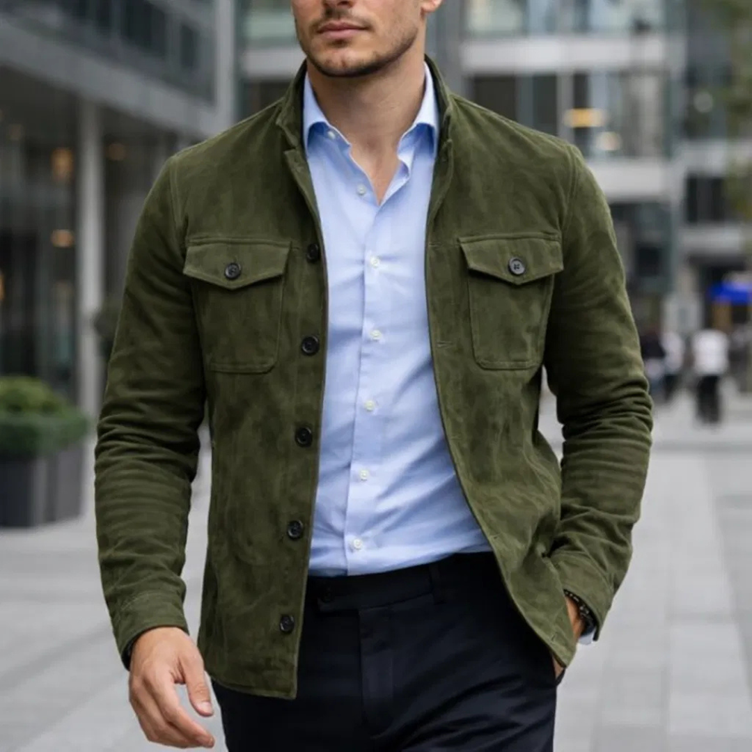 Men's Olive Green Suede Button-Up Jacket – Stylish Casual Outerwear