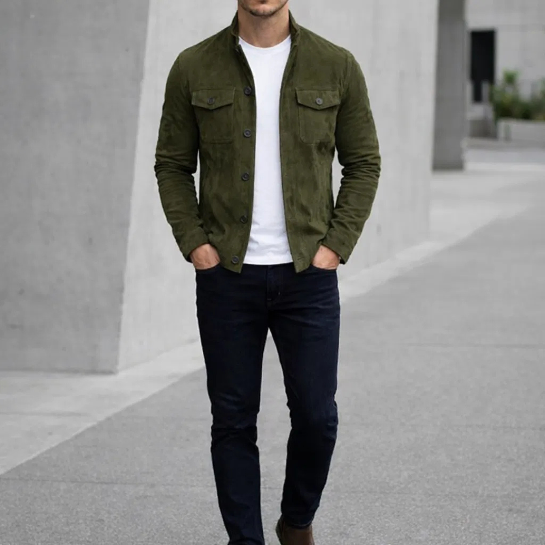 Men's Olive Green Suede Button-Up Jacket – Stylish Casual Outerwear
