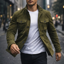 Men's Olive Green Suede Button-Up Jacket – Stylish Casual Outerwear
