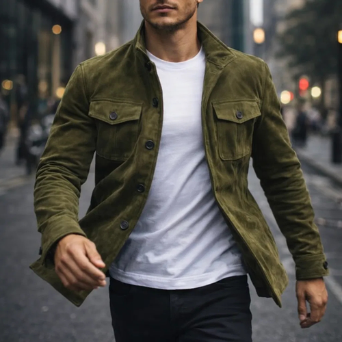 Men's Olive Green Suede Button-Up Jacket – Stylish Casual Outerwear