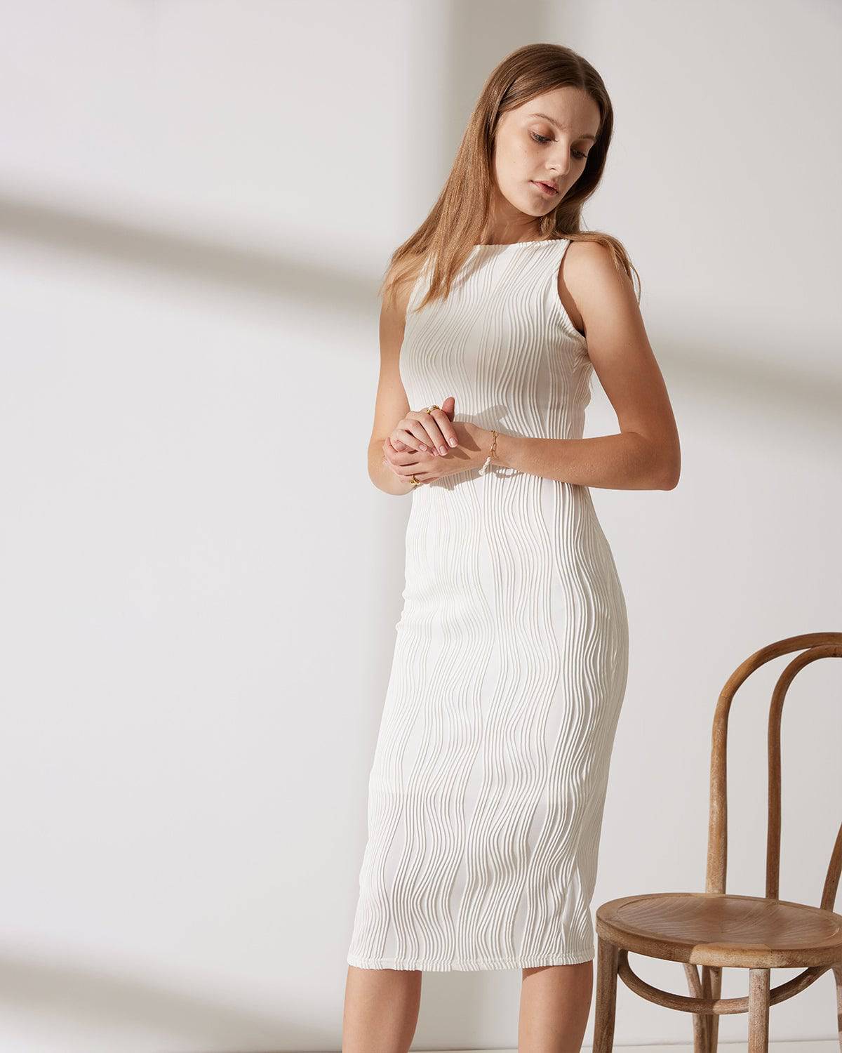 Women's White Ribbed Sleeveless Dress – Elegant Pearl Strap Midi