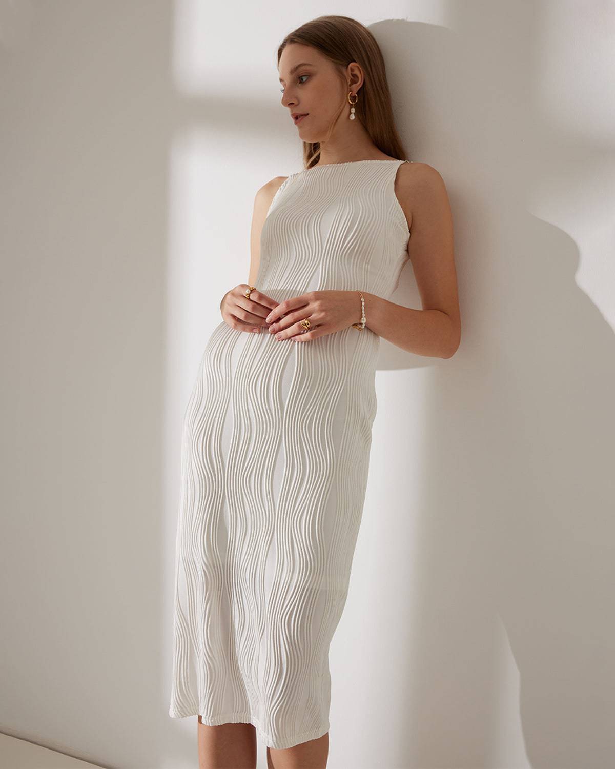Women's White Ribbed Sleeveless Dress – Elegant Pearl Strap Midi