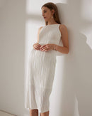 Women's White Ribbed Sleeveless Dress – Elegant Pearl Strap Midi