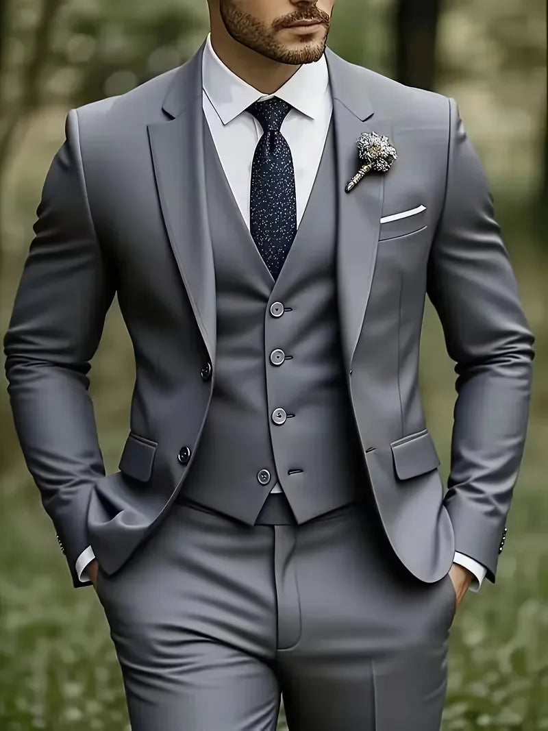 Men’s Slim Fit 3-Piece Suit – Glossy Finish Elegant Formal Style
