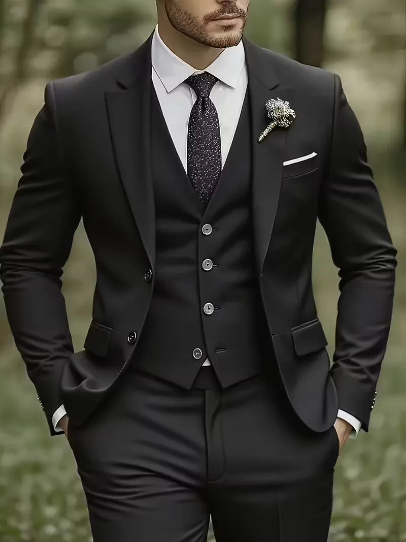 Men’s Slim Fit 3-Piece Suit – Glossy Finish Elegant Formal Style