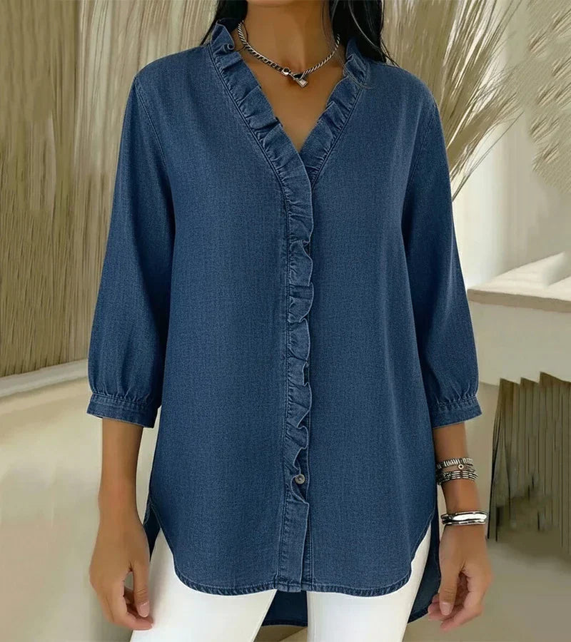Women’s V-Neck Denim Blouse - Long Sleeve Ruffle Detail Top