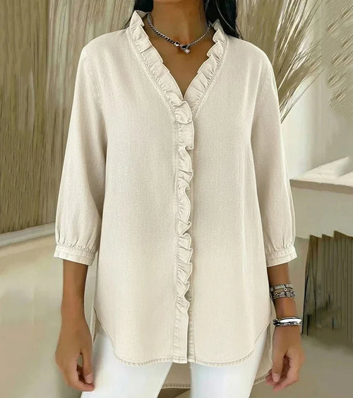 Women’s V-Neck Denim Blouse - Long Sleeve Ruffle Detail Top