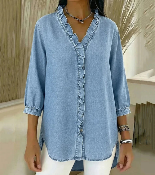 Women’s V-Neck Denim Blouse - Long Sleeve Ruffle Detail Top