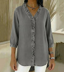 Women’s V-Neck Denim Blouse - Long Sleeve Ruffle Detail Top