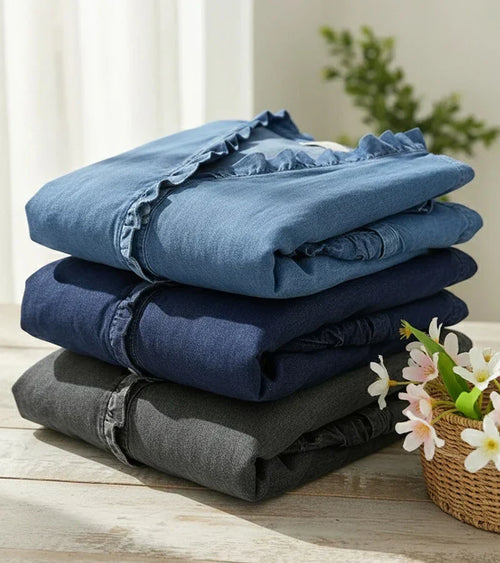 Women’s V-Neck Denim Blouse - Long Sleeve Ruffle Detail Top