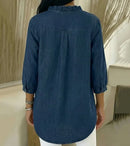 Women’s V-Neck Denim Blouse - Long Sleeve Ruffle Detail Top