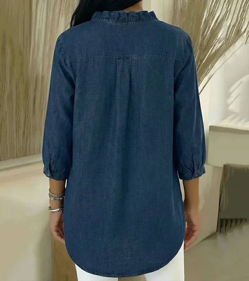Women’s V-Neck Denim Blouse - Long Sleeve Ruffle Detail Top