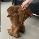 2024 Winter Belt Buckle Pointed Toe Vintage Square Low Heels Knee High Boots