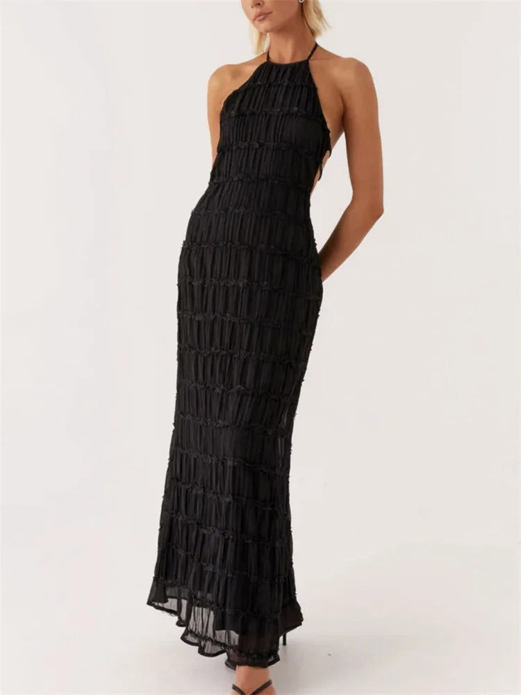 Elegant Halter Maxi Dress for Women – Open Back Summer Wedding Guest Dress, Lightweight and Flattering Fit 0