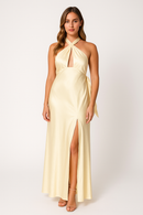 Elegant Satin Maxi Halter Dress with Front Split – Perfect for Weddings and Formal Events 0