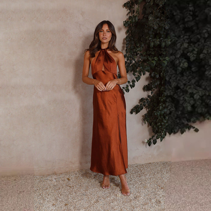 Elegant Satin Maxi Halter Dress with Front Split – Perfect for Weddings and Formal Events 5