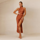 Elegant Slim Fit Evening Dress with Halter Neck and Side Split – Luxurious Satin Blend Evening Gown for Women 2