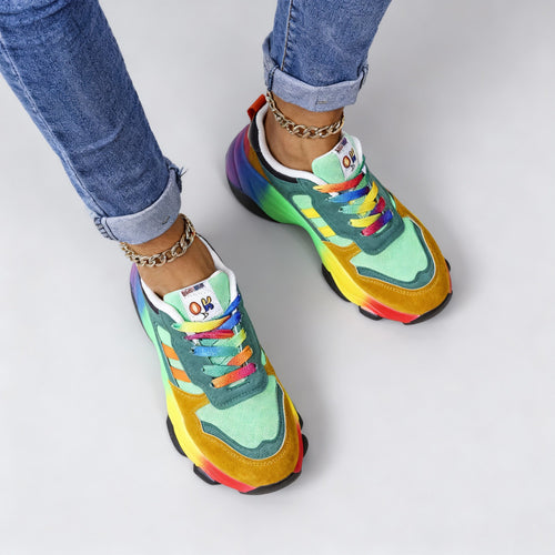Women's Orthopedic Rainbow Lace-Up Sneakers – Colorful Comfort Chunky Trainers