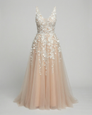 Women's Elegant V-Neck Floral Embroidered Wedding Dress – Luxury Bridal Gown