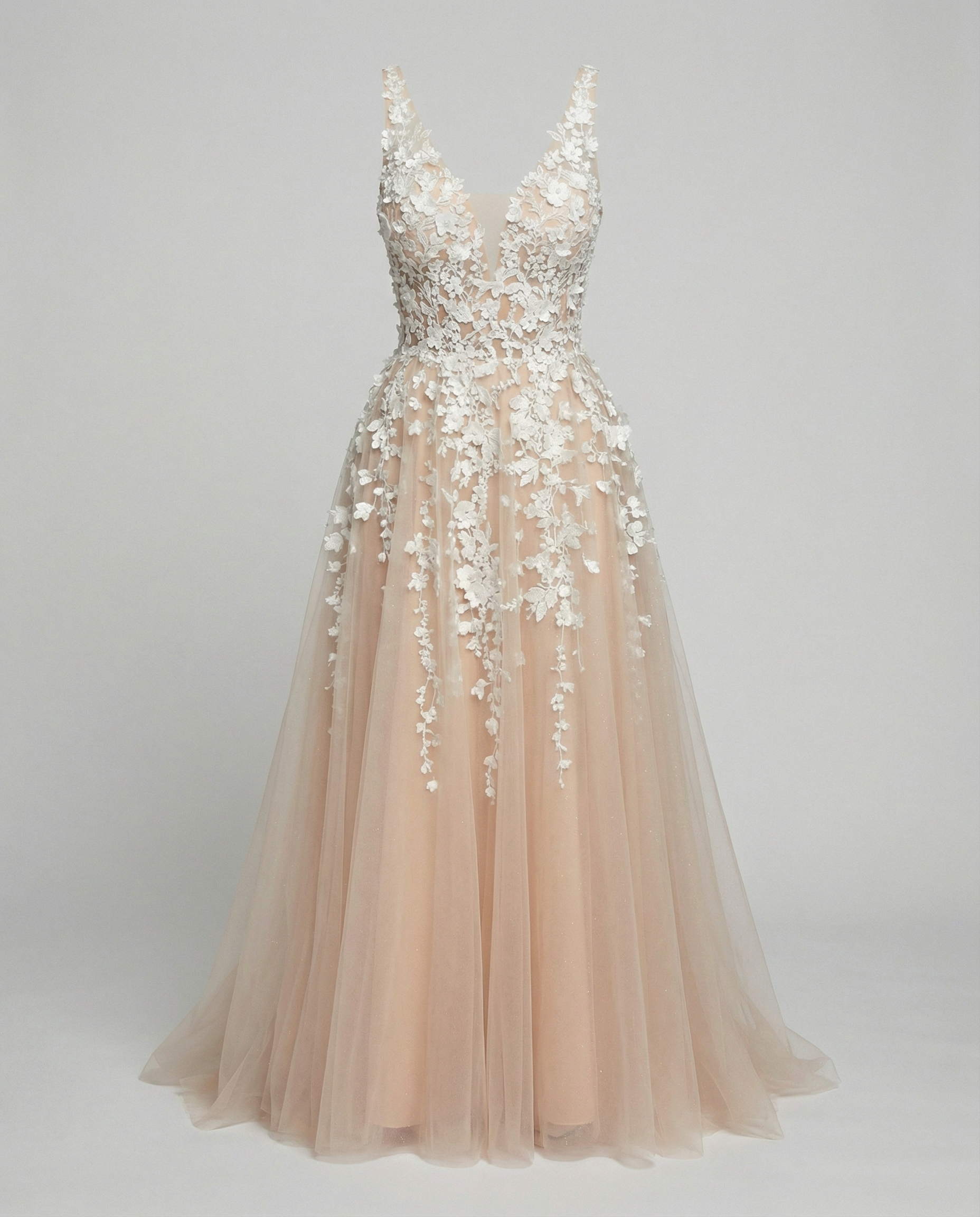 Women's Elegant V-Neck Floral Embroidered Wedding Dress – Luxury Bridal Gown