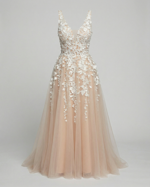 Women's Elegant V-Neck Floral Embroidered Wedding Dress – Luxury Bridal Gown