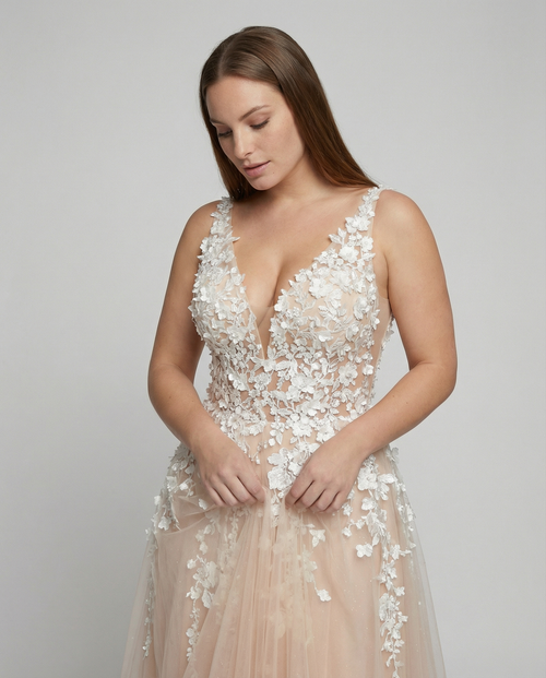 Women's Elegant V-Neck Floral Embroidered Wedding Dress – Luxury Bridal Gown