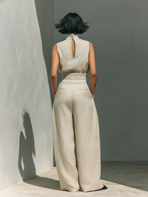 Women’s Linen Two Piece Set - Turtleneck Top Wide Leg Pants