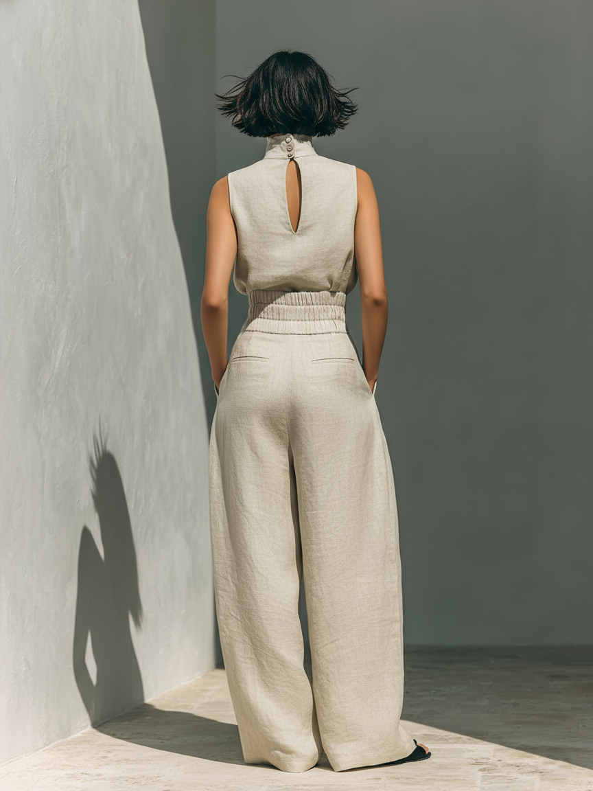 Women’s Linen Two Piece Set - Turtleneck Top Wide Leg Pants