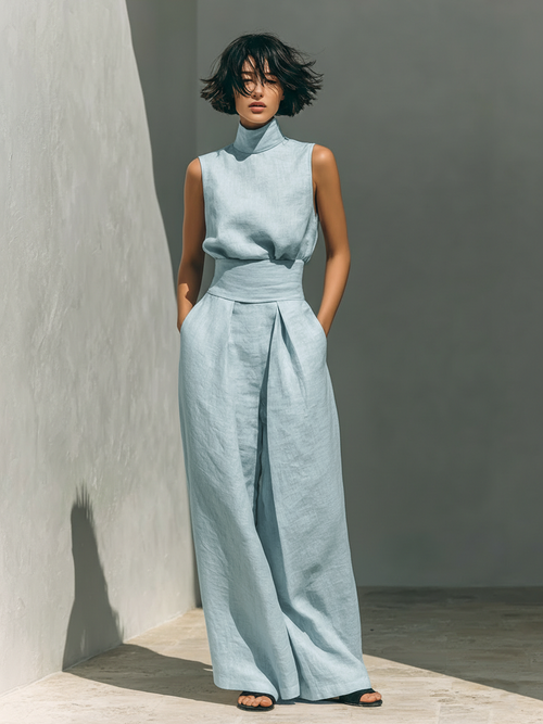 Women’s Linen Two Piece Set - Turtleneck Top Wide Leg Pants
