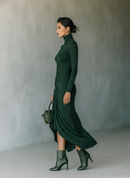 Women's Dark Green High-elastic Knitted High-neck Wrap Dress Midi Dress