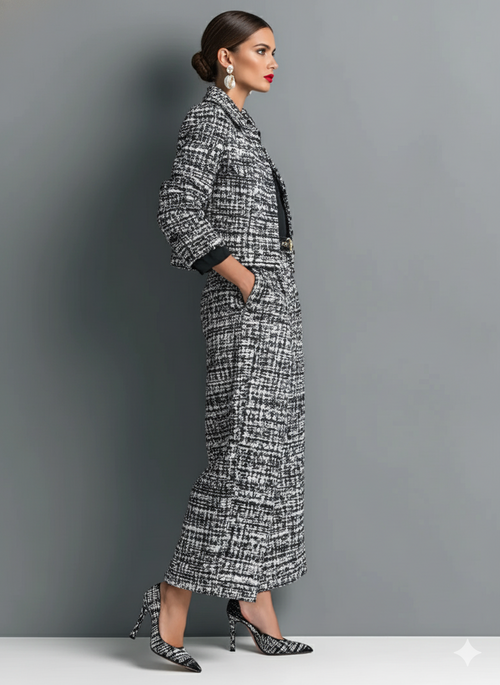 Women's Tweed Blend Single-Breasted Cropped Jacket And Wide-Leg Pants Set MDA2589H6Y