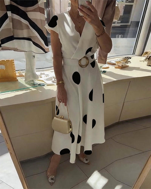 Polka Dot Fitted Dress with V-Neckline