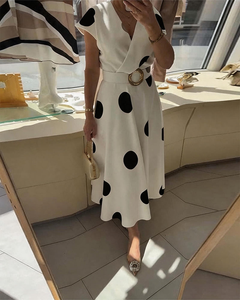 Polka Dot Fitted Dress with V-Neckline