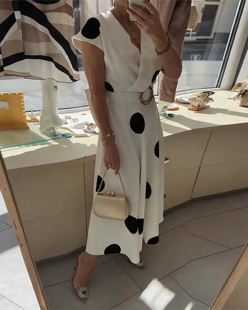 Polka Dot Fitted Dress with V-Neckline