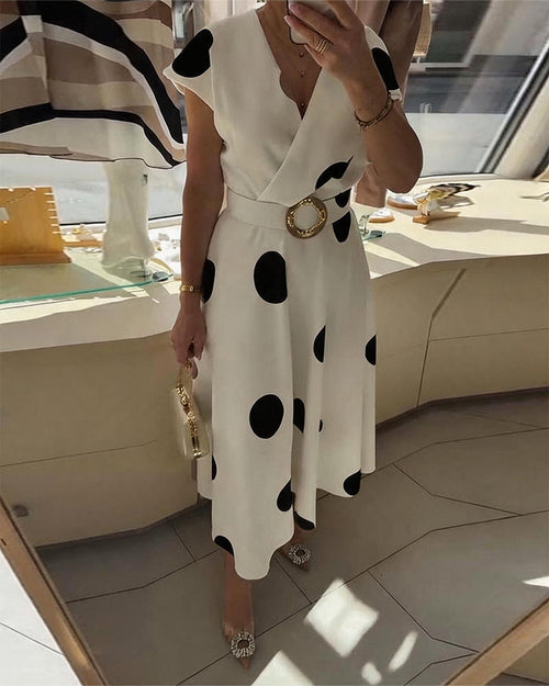 Polka Dot Fitted Dress with V-Neckline