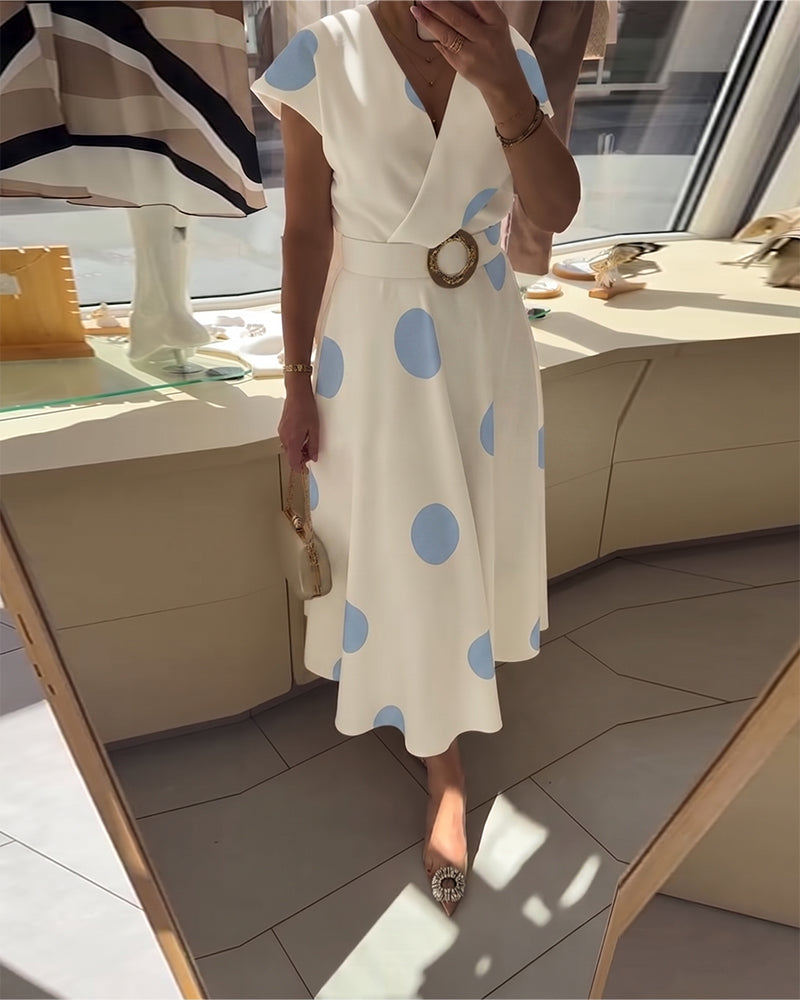 Polka Dot Fitted V-Neck Dress