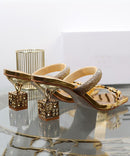 Gold Zircon Splicing Chunky Heel Slide Sandals Peep Toe