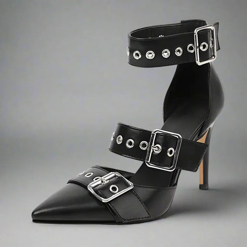 Women's Gothic-Style Studded Buckle High Heels – Bold Edgy Stiletto Shoes