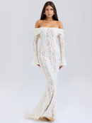 Women's Off-Shoulder Lace Flowing Silhouette Maxi Dress – Elegant Long Sleeve Occasion Gown
