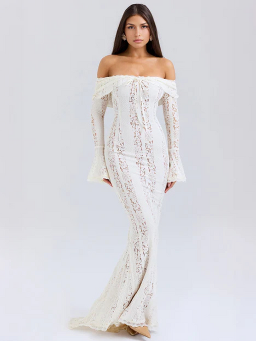 Women's Off-Shoulder Lace Flowing Silhouette Maxi Dress – Elegant Long Sleeve Occasion Gown