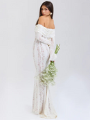 Women's Off-Shoulder Lace Flowing Silhouette Maxi Dress – Elegant Long Sleeve Occasion Gown