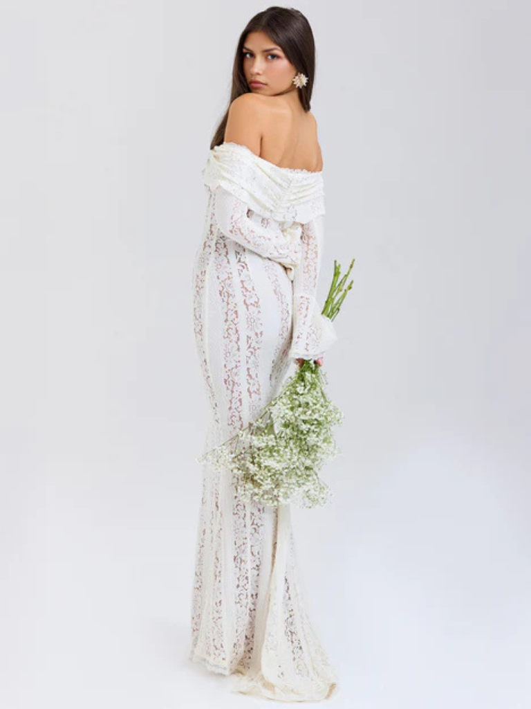 Women's Off-Shoulder Lace Flowing Silhouette Maxi Dress – Elegant Long Sleeve Occasion Gown