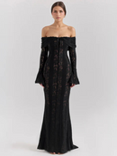 Women's Off-Shoulder Lace Flowing Silhouette Maxi Dress – Elegant Long Sleeve Occasion Gown