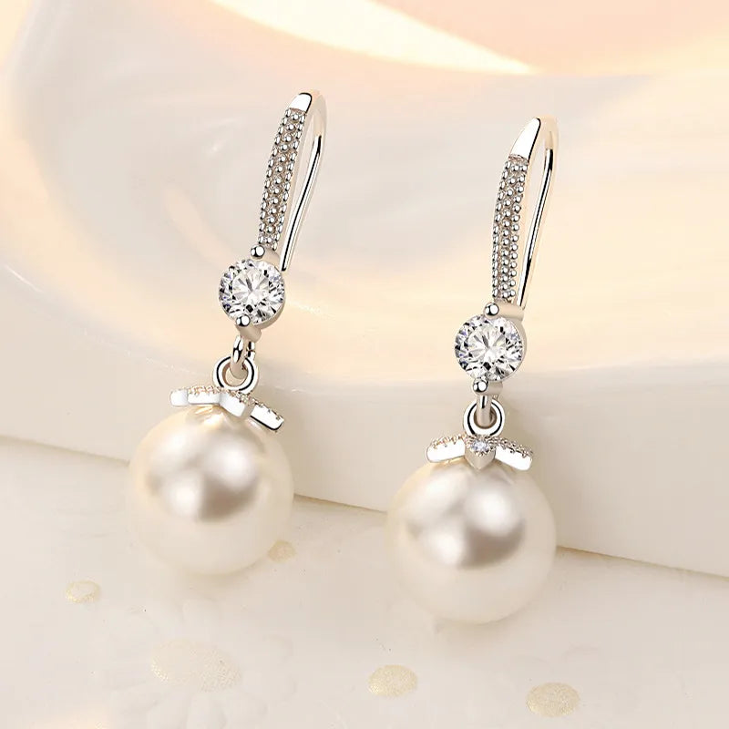 Women's CZ Pearl Drop Earrings – Elegant Silver Round Statement Jewelry