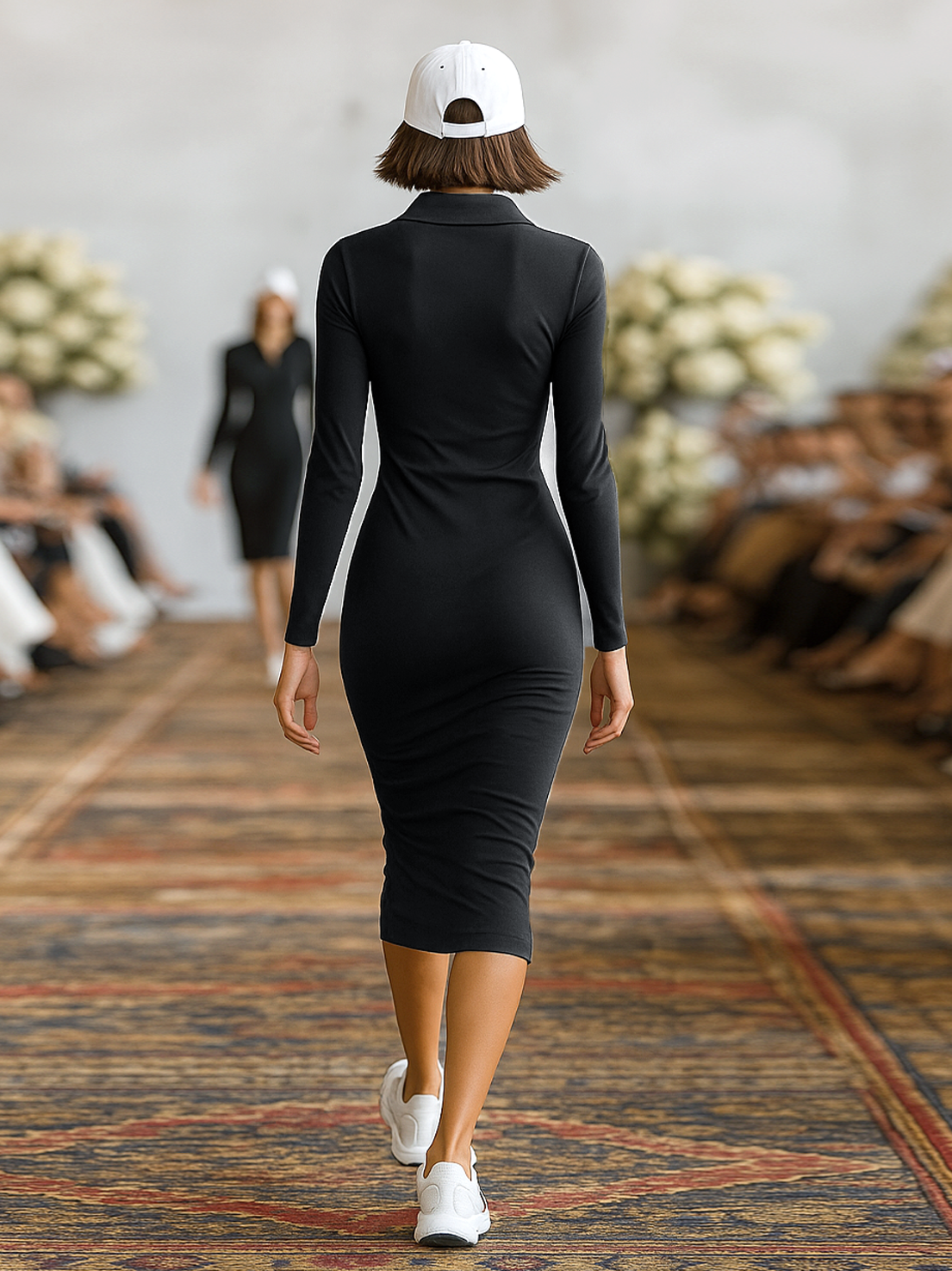 Women's Sports Cotton Blend Skinny Zipper Lapel Midi Dress
