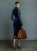 Women's Fashionable And Elegant Dark Blue Velvet Slim-fit V-neck Midi Dress With Lace Trim At The Neckline And Sleeves