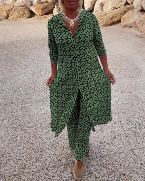 Women’s Patterned Button-Up Shirt Dress And Matching Trousers Set – Chic Two Piece Outfit